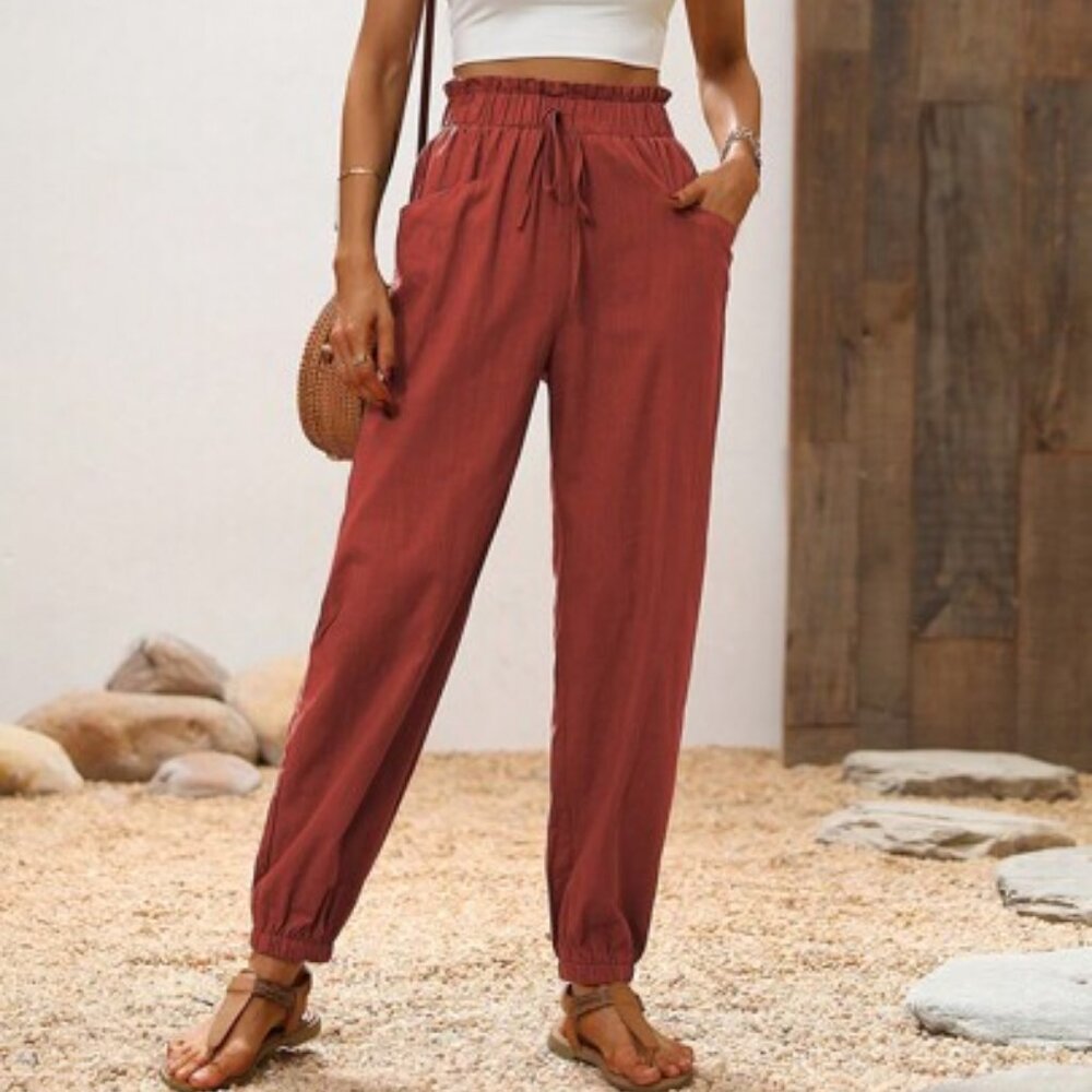 SHEIN Paperbag Waist Knot Front Slant Pocket Pants Redwood Size XL 12